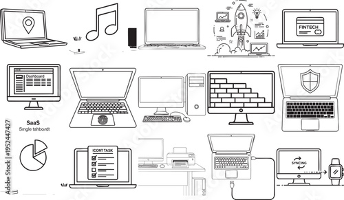 A comprehensive collection of black and white technology and computer workspace icons illustrating digital business and software development themes