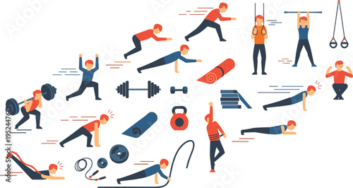 Fitness Workout and Training Vector Illustration Set Featuring Running, Jump Rope, Strength Exercises, Push Ups, Dumbbells, Gym Equipment, and Active Healthy Lifestyle Activities.
