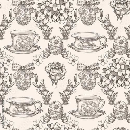 Easter seamless pattern with vintage dishware and rose flower line graphic background. Hand drawn vector grid design in sketch style. Floral print for wallpaper. Perfect for holiday fabric and paper.