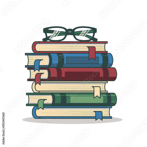 Stack of Books with Reading Glasses on Top.