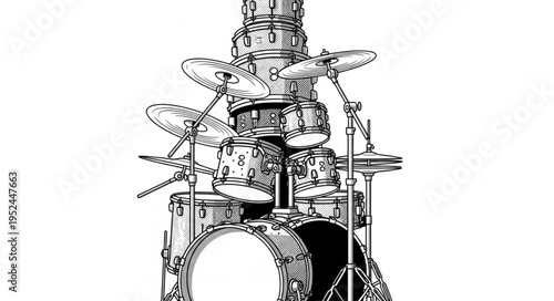 Detailed Black and White Drum Set Illustration with Intricate Designs.