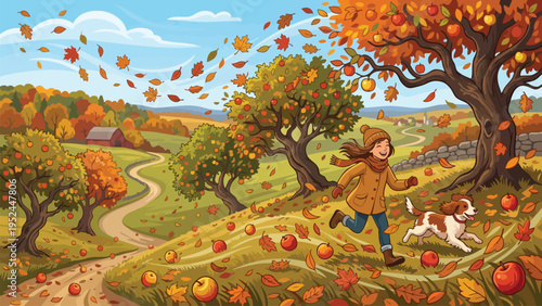 Joyful Young Girl and Dog Running Down a Grassy Hill in a Vibrant Autumn Landscape with Falling Leaves and Apple Trees, Winding Path and Farm in Ba...