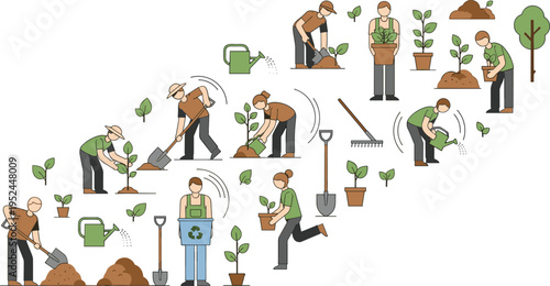 Gardening and Tree Planting Vector Illustration Set Featuring People Digging Soil, Watering Plants, Transplanting Seedlings, Using Tools, and Eco Friendly Environmental Activities.