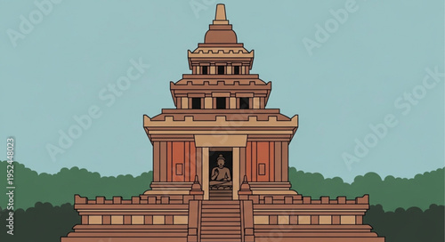 Detailed illustration of a multi-tiered ancient temple structure.