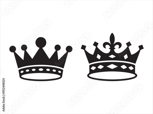Two ornate crowns, Two contrasting silhouette royal crown icons for regal themes. King and Queen symbol vector illustration