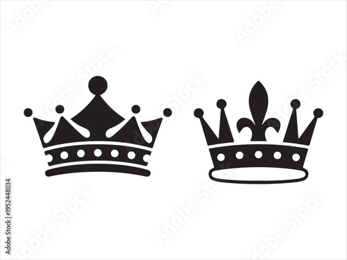 Two ornate crowns, Two contrasting silhouette royal crown icons for regal themes. King and Queen symbol vector illustration