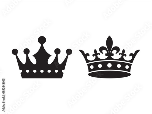 Two ornate crowns, Two contrasting silhouette royal crown icons for regal themes. King and Queen symbol vector illustration