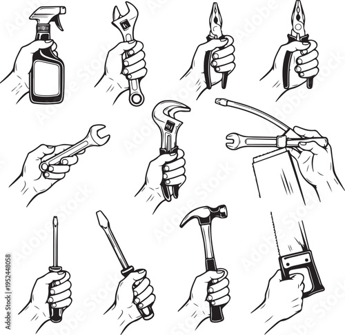 Hands with tools collection - vector silhouette illustration