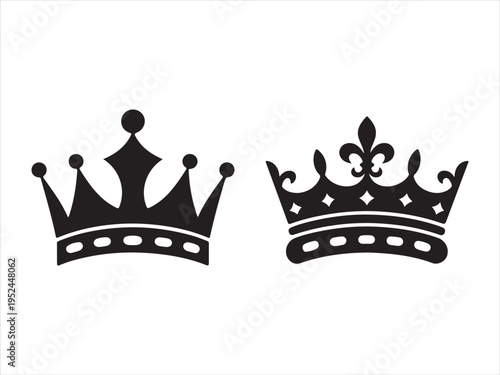Two ornate crowns, Two contrasting silhouette royal crown icons for regal themes. King and Queen symbol vector illustration