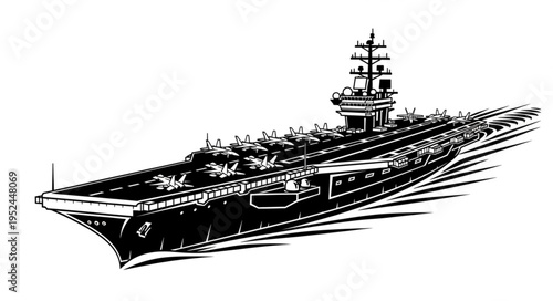 Detailed Illustration of a Naval Aircraft Carrier at Sea.