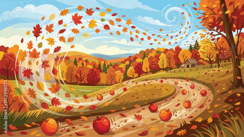 Vibrant Autumn Landscape with Swirling Leaves and Apples on a Winding Path Illustration in a Cheerful Cartoon Style