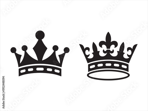 Two ornate crowns, Two contrasting silhouette royal crown icons for regal themes. King and Queen symbol vector illustration