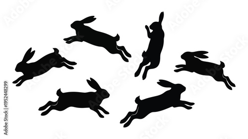 Silhouette illustration depicting multiple rabbits in various jumping and leaping poses