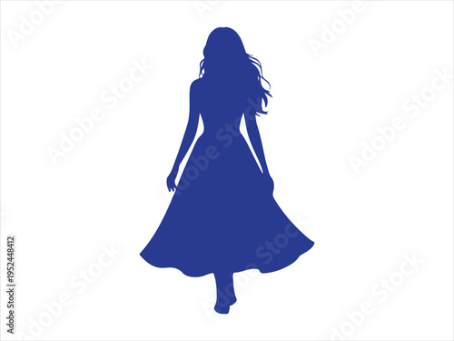 Elegant Woman in Dress Silhouette Fashion Beauty Female Vector Illustration. A silhouette of a woman with flowing hair and a long dress 