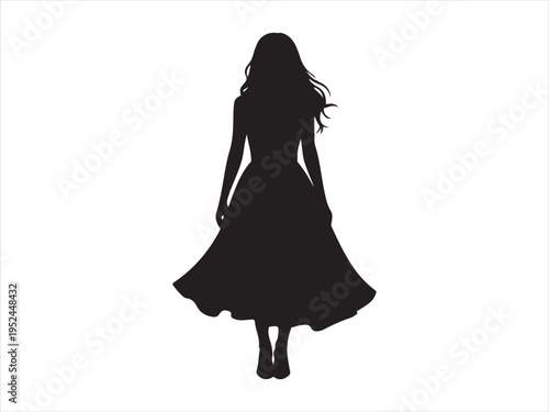 Elegant Woman in Dress Silhouette Fashion Beauty Female Vector Illustration. A silhouette of a woman with flowing hair and a long dress 