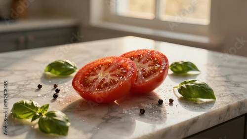 Sliced tomatoes with basil salt and pepper on marble counter