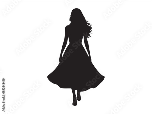 Elegant Woman in Dress Silhouette Fashion Beauty Female Vector Illustration. A silhouette of a woman with flowing hair and a long dress 