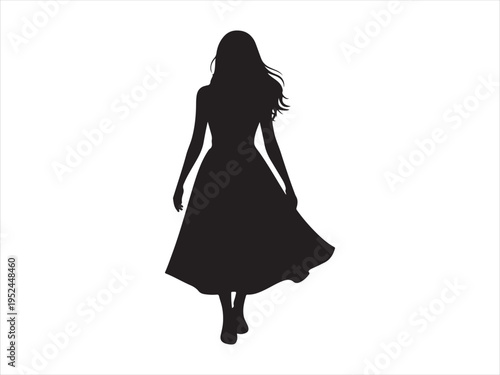 Elegant Woman in Dress Silhouette Fashion Beauty Female Vector Illustration. A silhouette of a woman with flowing hair and a long dress 