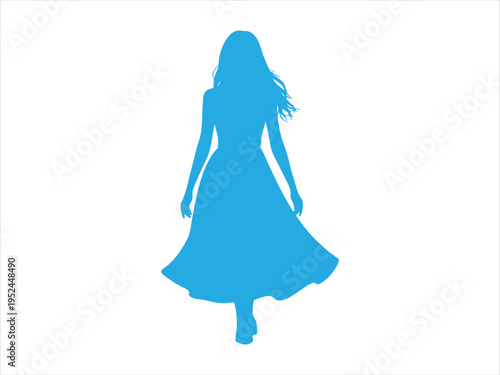 Elegant Woman in Dress Silhouette Fashion Beauty Female Vector Illustration. A silhouette of a woman with flowing hair and a long dress 
