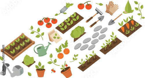 Gardening Tools and Vegetable Planting Vector Illustration Set Featuring Garden Beds, Watering Can, Seeds, Plants, Tomatoes, Carrots, and Organic Agriculture Elements for Outdoor Design.