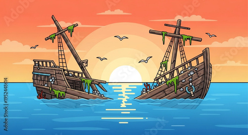 Pixel Art Depiction of a Sunken Shipwreck at Sunset.