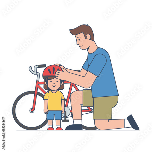 Father helps daughter put on bicycle helmet for safety.