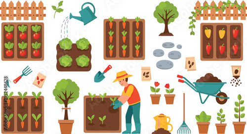 Gardening and Farming Vector Illustration Set Featuring Planting Vegetables, Watering, Tools, Garden Beds, Farmer, Wheelbarrow, and Organic Agriculture Activities for Outdoor Lifestyle Design.