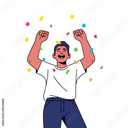 Joyful Man Celebrating Success with Colorful Confetti Falling