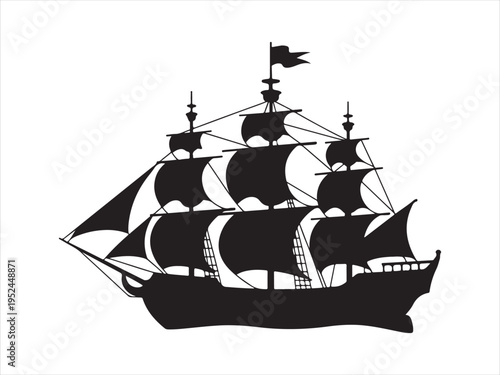 Pirate Ship silhouette, Vintage sailing ship silhouette, Pirate boat vector illustration design