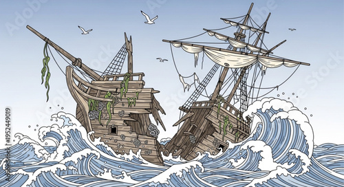 Shipwrecked Vessel Amidst Turbulent Seas - A Tale of Maritime Disaster.