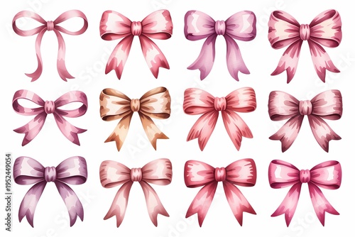 Collection of watercolor painted decorative ribbon bows in various pink and tan shades