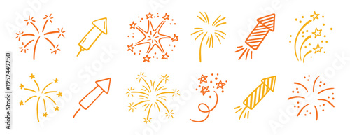 Hand drawn fireworks doodle set celebration line art design