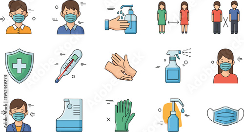 Health Safety and Coronavirus Prevention Vector Illustration Set Featuring Face Masks, Hand Sanitizer, Social Distancing, Thermometer, Gloves, Disinfection Spray, and Protection Icons.