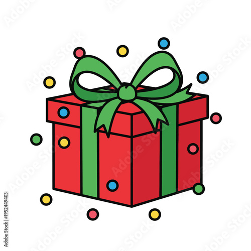 Festive Red Gift Box with Green Ribbon and Confetti.