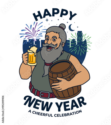 A jovial bearded man holding a frothy beer mug and a wooden barrel with fireworks and a city skyline in the background celebrating Happy New Year Best Selling T-shirt Design