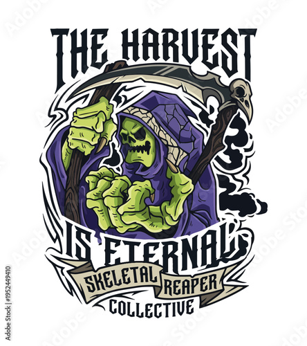 A grim reaper with glowing green skin and a purple hooded robe holds a scythe with text reading The Harvest Is Eternal Skeletal Reaper Collective Best Selling T-shirt Design