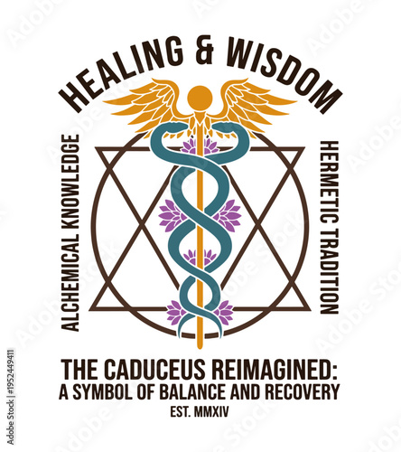 A stylized alchemical caduceus symbol for healing and wisdom with hermetic tradition text and lotus flowers Best Selling T-shirt Design