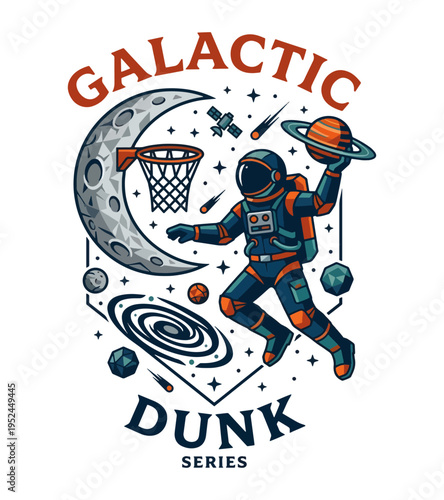 Astronaut in a futuristic spacesuit performing a basketball slam dunk on the moon with planets and stars in the background illustration Best Selling T-shirt Design