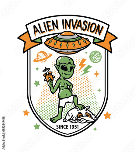 Cartoon friendly green alien character standing proudly on a dog with a UFO and planets above inspired by vintage scifi and retro alien invasion themes Best Selling T-shirt Design