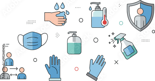 Health Safety and Hygiene Vector Illustration Set Featuring Face Mask, Hand Washing, Sanitizer, Gloves, Disinfectant Spray, Social Distancing, and Protection Shield Icons.