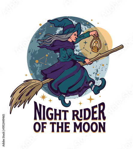Cartoon witch in a pointed hat and flowing dress riding a broomstick with a lantern against a large moon and starry sky Best Selling T-shirt Design