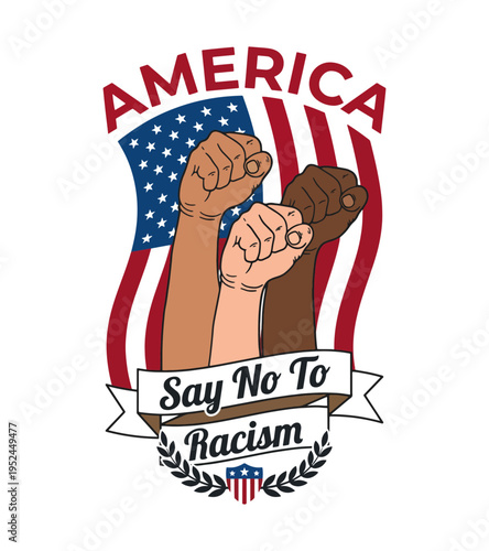 Diverse hands raised in solidarity against racism with American flag and empowering slogan advocating equality Best Selling T-shirt Design