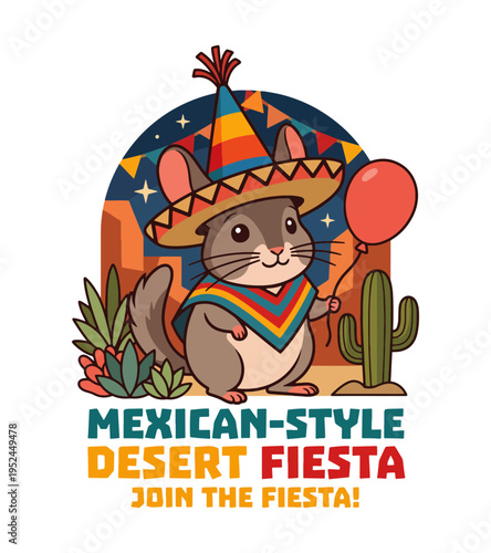 Cute Chinchilla Wearing a Sombrero and Poncho Holding a Balloon in a Desert Fiesta Scene Best Selling T-shirt Design