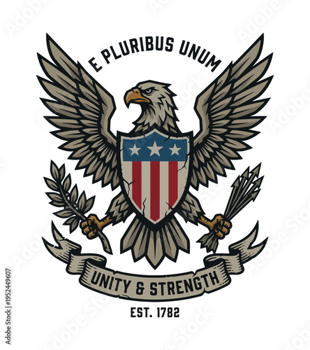 Majestic bald eagle clutching symbols of peace and war against a neutral background with inspirational mottoes Best Selling T-shirt Design