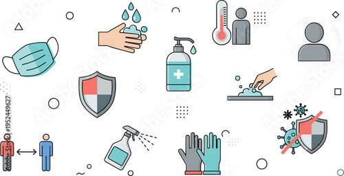 Health Safety and Hygiene Vector Illustration Set Featuring Face Mask, Hand Washing, Sanitizer, Gloves, Disinfection Spray, Social Distancing, and Virus Protection Shield Icons.