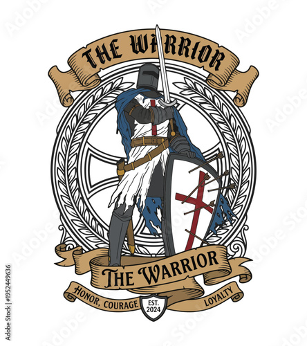 Medieval knight warrior wearing armor and holding a sword and shield emblem representing honor courage loyalty Best Selling T-shirt Design