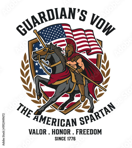 Patriotic American Spartan warrior on horseback holding a spear with the USA flag and laurel wreath emblem symbol Best Selling T-shirt Design