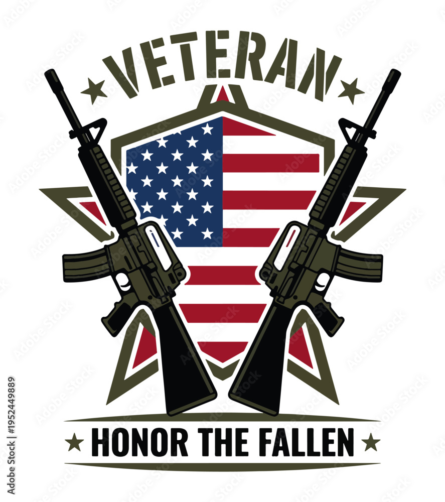 Naklejka premium Symbolic illustration of two rifles flanking the American flag with the words Veteran and Honor the Fallen for military and patriotic themes Best Selling T-shirt Design
