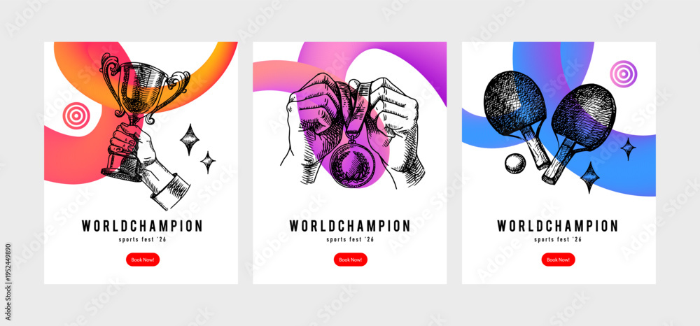 Fototapeta premium Banners with sport trophy, medal and cup, hand drawn in vintage sketch style. Celebration of athletic victory, motivation and team spirit. Vector isolated illustration