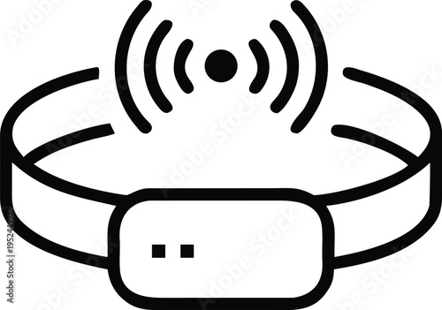 A minimalist black and white icon, a dog collar equipped with a communication transmitter to ensure pet safety and enhance animal tracking capabilities.